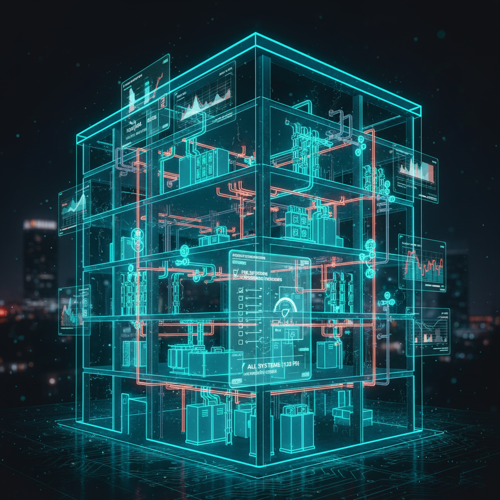 Ilustração holográfica (estilo Raio-X) da infraestrutura de um edifício, representando a gestão completa de manutenção elétrica, controle de vencimentos de AVCB e responsabilidade técnica (ART) assumida pela Firevolt.
