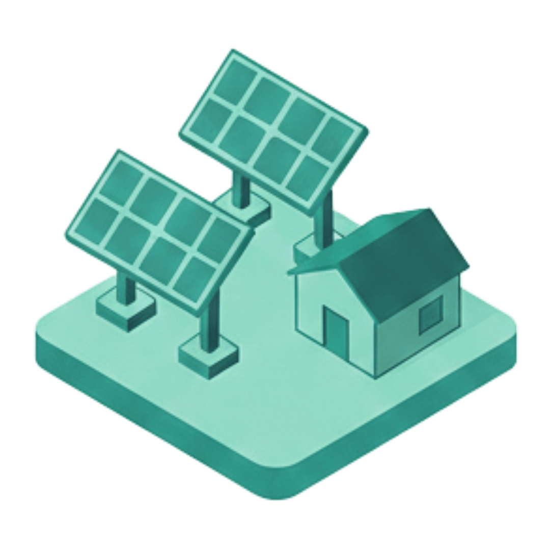 Ilustração isométrica de painéis solares e residência, representando os serviços de inspeção de engenharia e comissionamento de sistemas fotovoltaicos da Firevolt.
