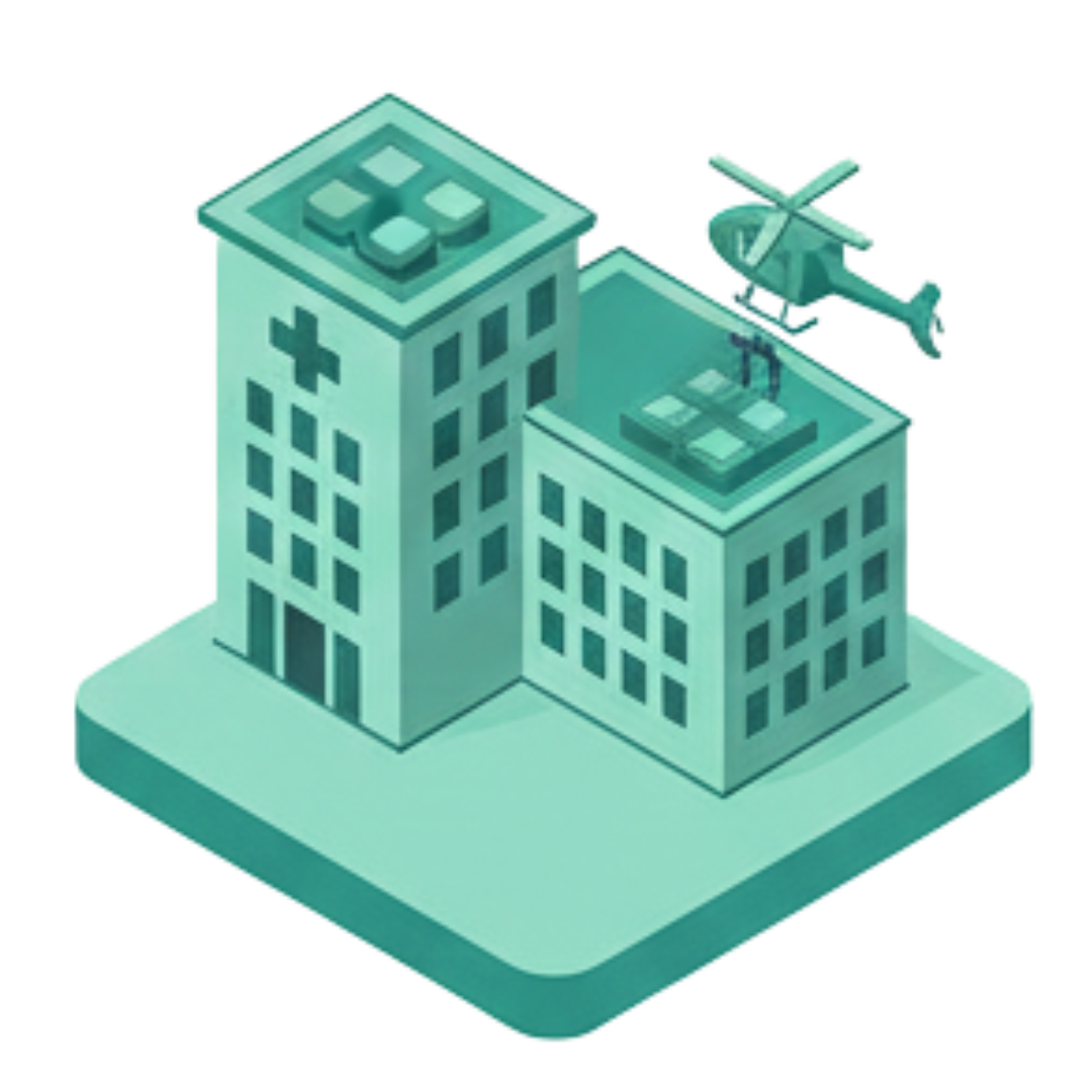 Ilustração isométrica de complexo hospitalar com heliponto, representando os serviços de inspeção de engenharia elétrica e segurança crítica para hospitais e clínicas, garantindo a continuidade operacional, realizados pela Firevolt.