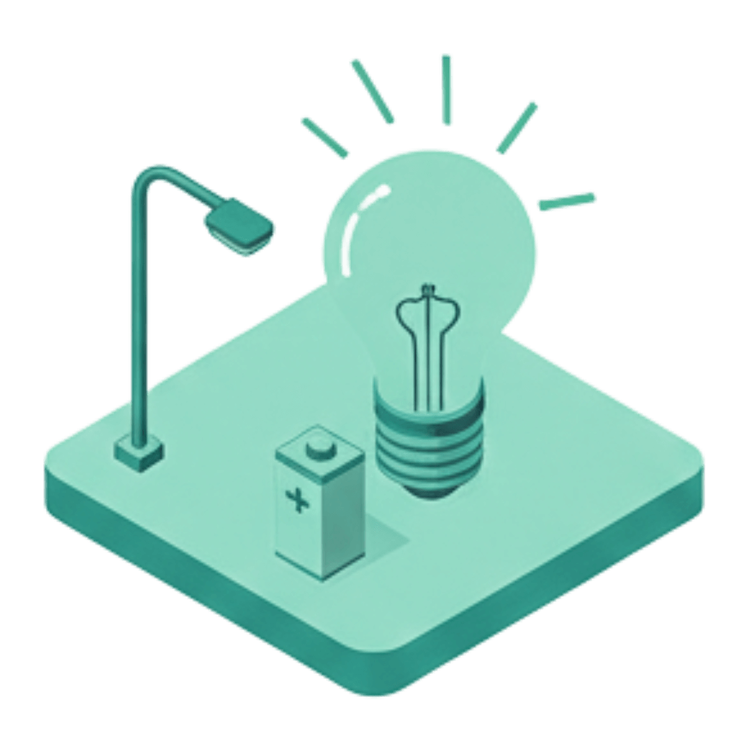 Ilustração isométrica de poste de luz e lâmpada, representando os serviços de inspeção de engenharia para sistemas de iluminação pública e privada da Firevolt.