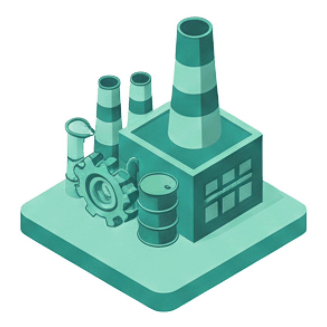 Ilustração isométrica de refinaria, representando os serviços de inspeção de engenharia em áreas classificadas e atmosferas explosivas para o setor de Petróleo e Gás da Firevolt.