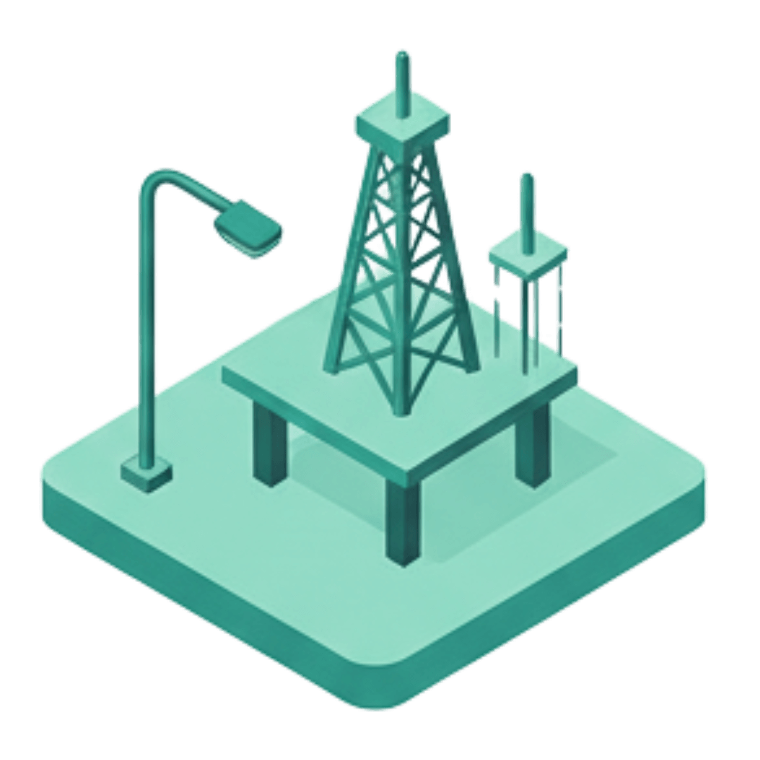 Ilustração isométrica de estrutura industrial, representando os serviços de inspeção de engenharia, manutenção preventiva e adequação às normas NR-10 e NR-12 para indústrias da Firevolt.