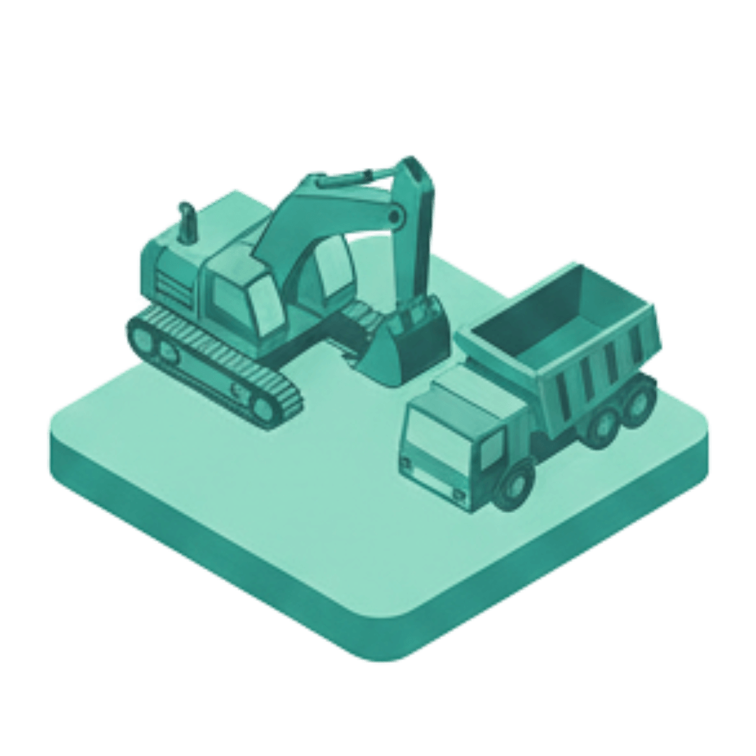Ilustração isométrica de maquinário pesado, representando os serviços de inspeção de engenharia da Firevolt para o setor de Mineração.