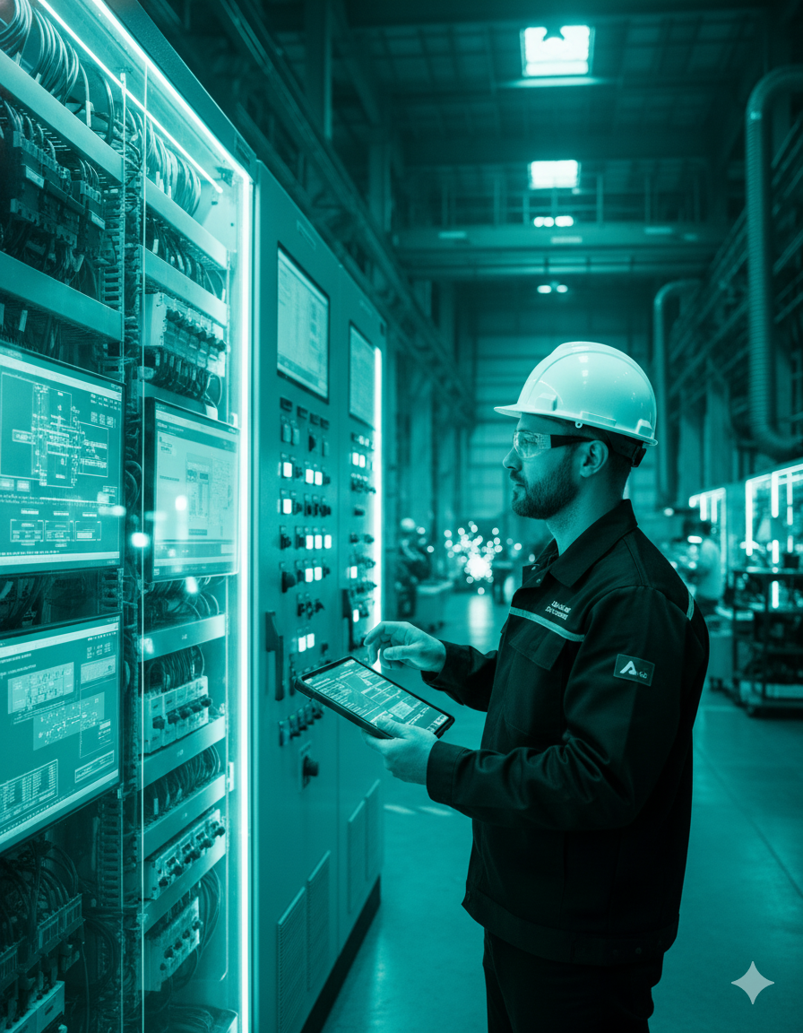 Engenheiro eletricista da Firevolt realizando inspeção técnica em painel industrial automatizado, utilizando tablet para leitura de dados e verificação de conformidade.