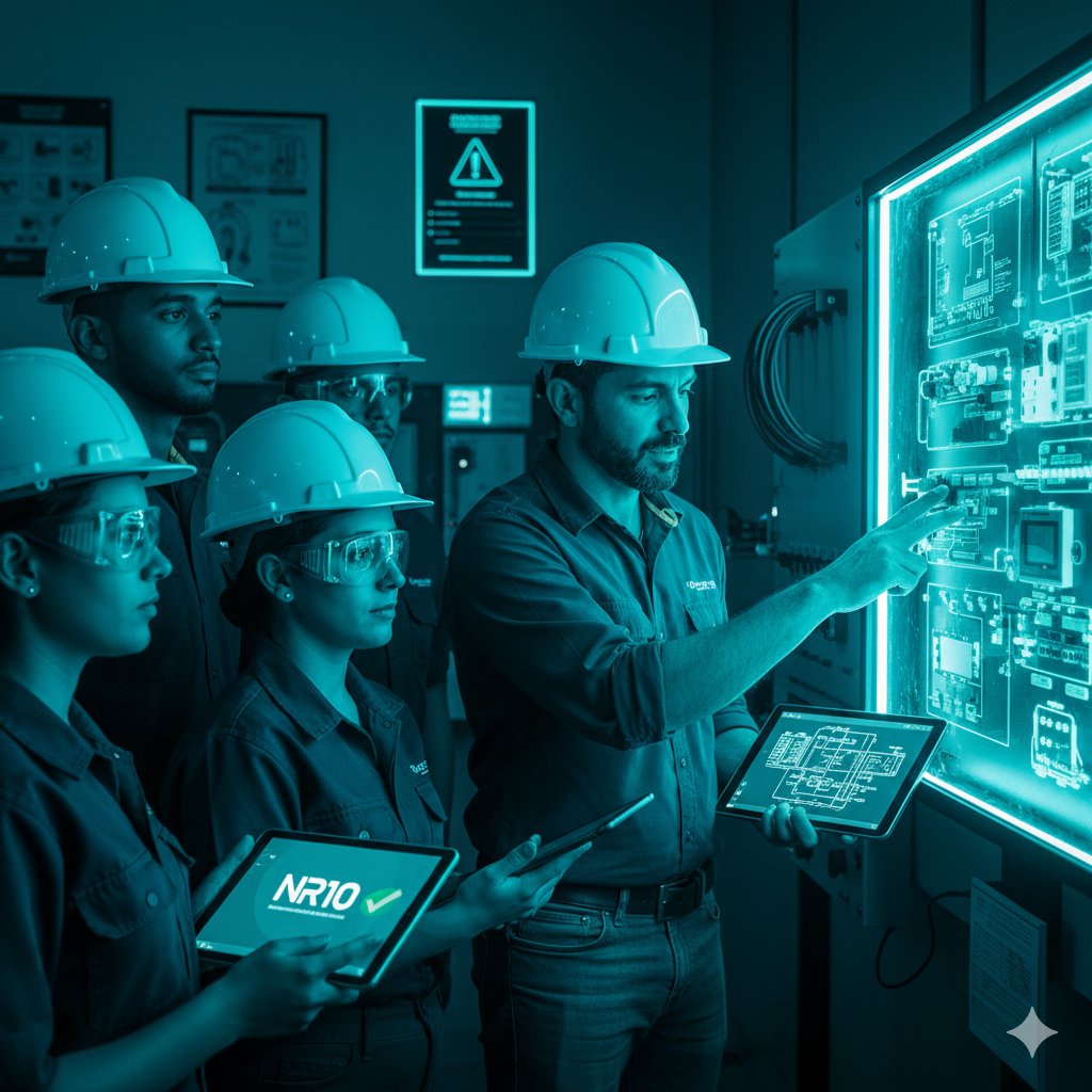 Equipe técnica da Firevolt em treinamento especializado sobre a norma NR-10 (Segurança em Instalações Elétricas), analisando projetos em tela digital.